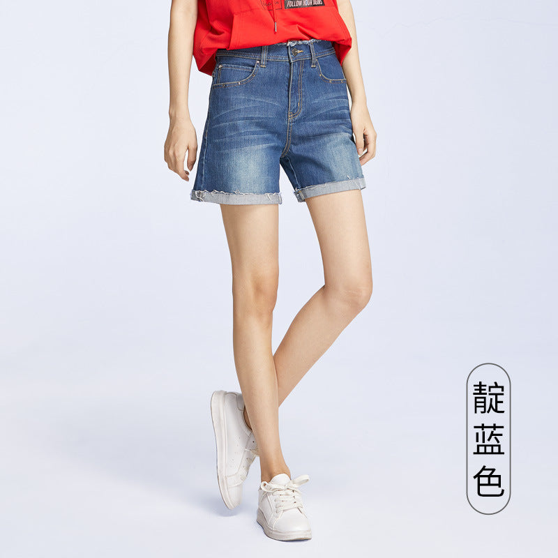 Summer Korean-style Curl Edge High Waist Loose Straight Denim Shorts Women's 1036