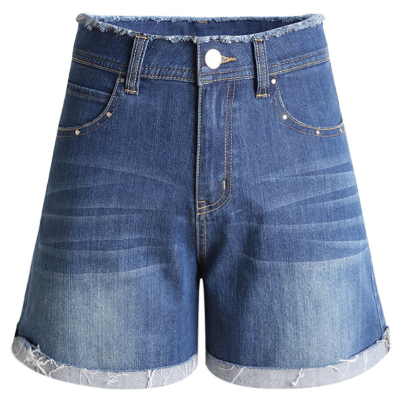 Summer Korean-style Curl Edge High Waist Loose Straight Denim Shorts Women's 1036