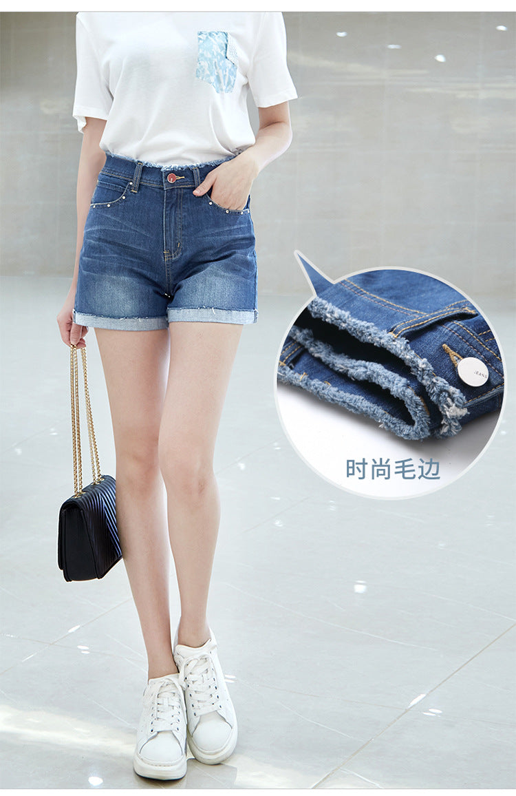 Summer Korean-style Curl Edge High Waist Loose Straight Denim Shorts Women's 1036