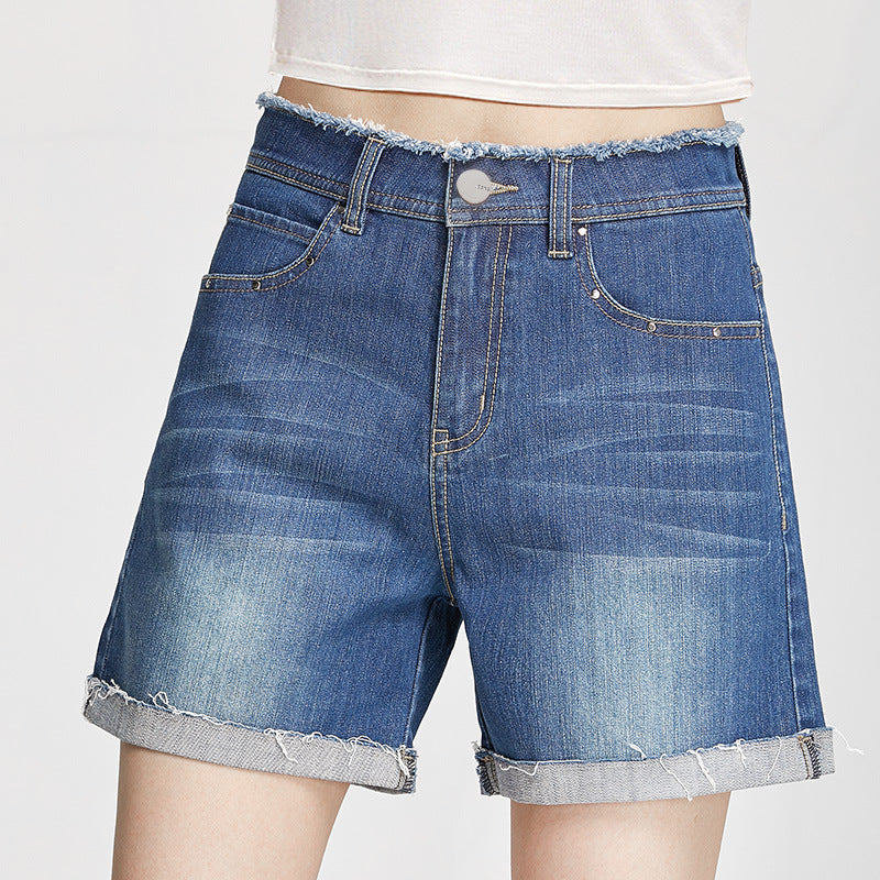 Summer Korean-style Curl Edge High Waist Loose Straight Denim Shorts Women's 1036