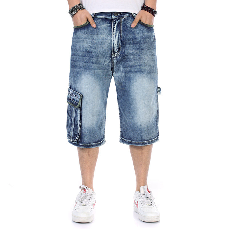 Summer New plus size Jeans Plus Fat Loose Cropped Pants Men's Multi-Pocket plus size Street Dance Shorts