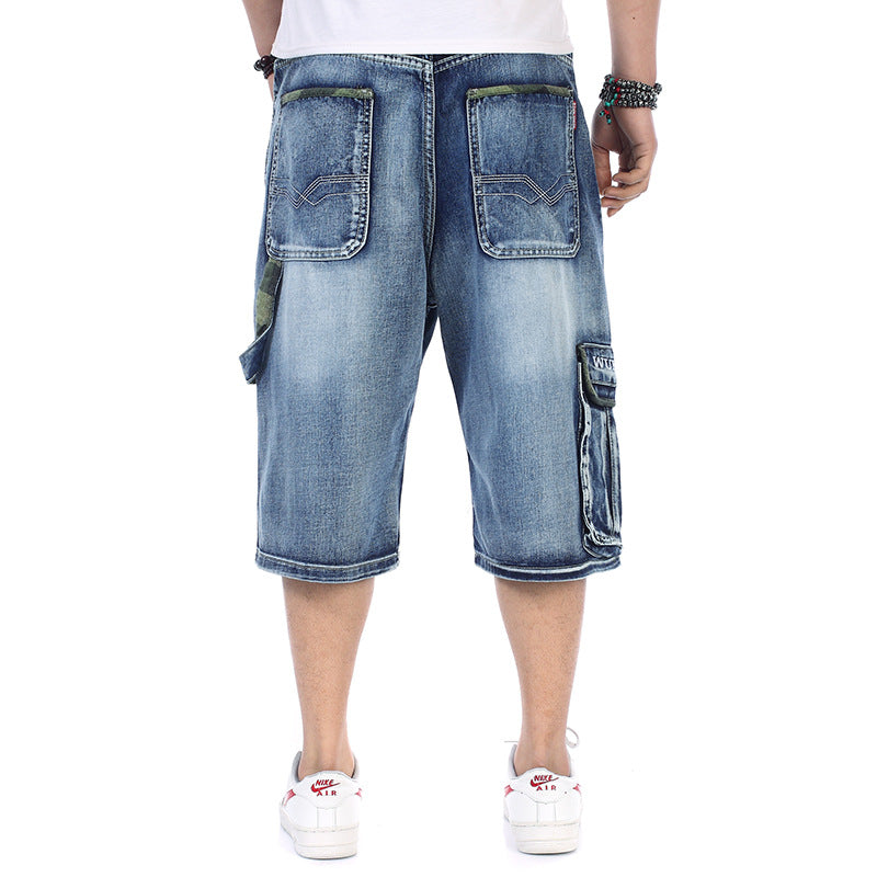 Summer New plus size Jeans Plus Fat Loose Cropped Pants Men's Multi-Pocket plus size Street Dance Shorts