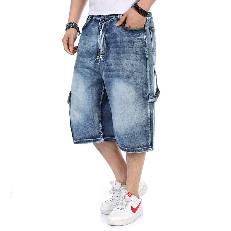 Summer New plus size Jeans Plus Fat Loose Cropped Pants Men's Multi-Pocket plus size Street Dance Shorts