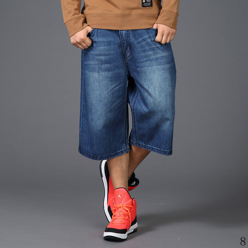 Men's Summer New Plus Fat plus size Hip-hop Wide-leg Cropped Jeans Men's Fat Skateboard Straight Thin Medium Pants