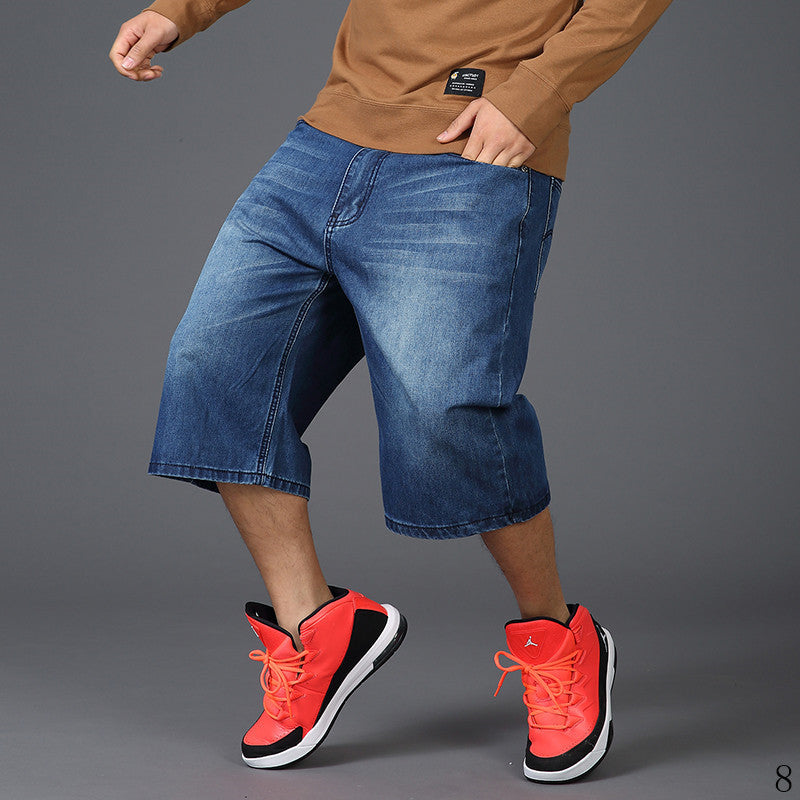 Men's Summer New Plus Fat plus size Hip-hop Wide-leg Cropped Jeans Men's Fat Skateboard Straight Thin Medium Pants
