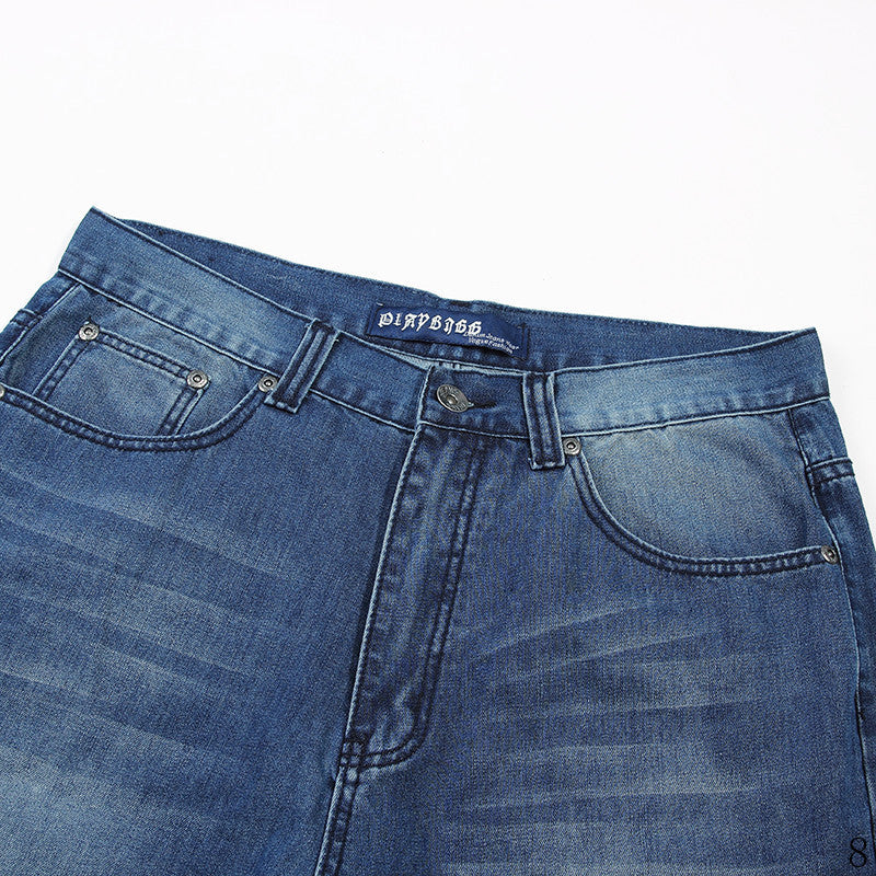 Men's Summer New Plus Fat plus size Hip-hop Wide-leg Cropped Jeans Men's Fat Skateboard Straight Thin Medium Pants