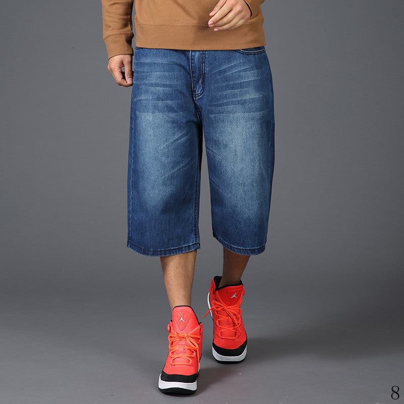 Men's Summer New Plus Fat plus size Hip-hop Wide-leg Cropped Jeans Men's Fat Skateboard Straight Thin Medium Pants