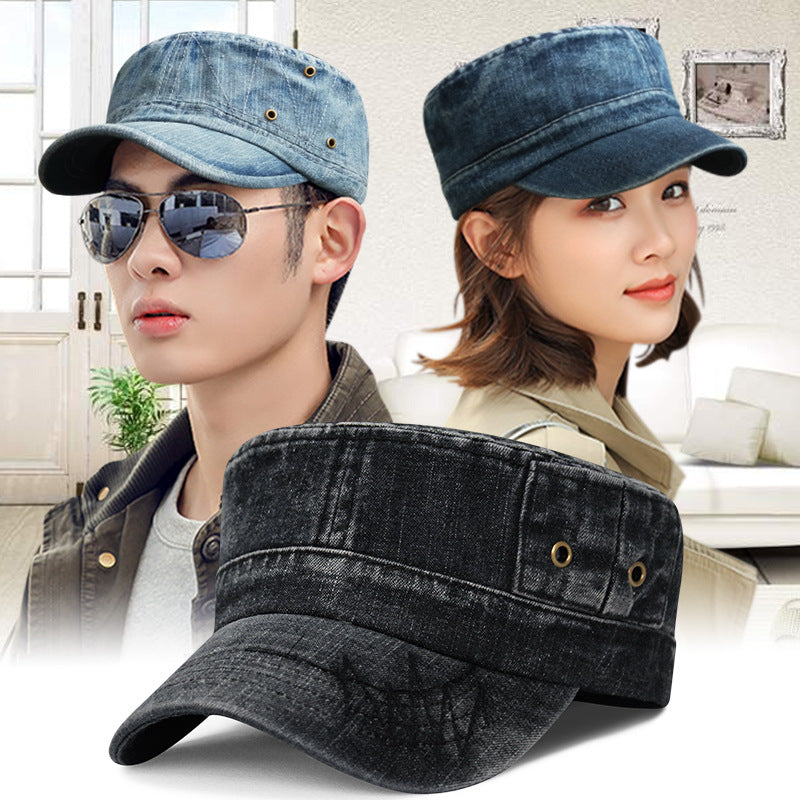 Hat Men's Korean Style Washed Distressed Denim Breathable Military Cap Outdoor Sunshade Flat Cap Women's Casual Cap