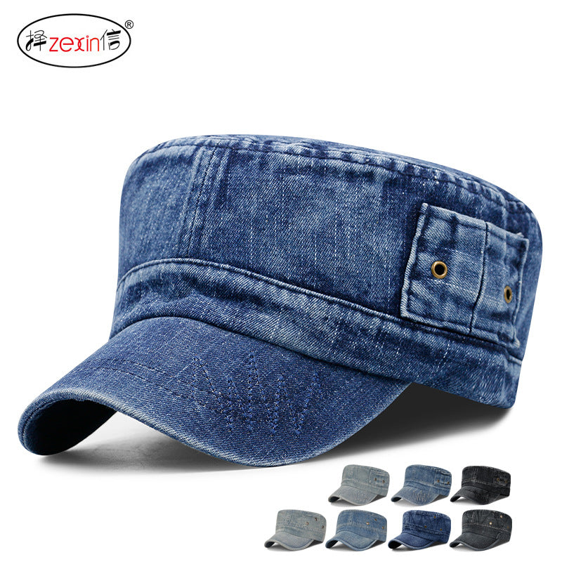 Hat Men's Korean Style Washed Distressed Denim Breathable Military Cap Outdoor Sunshade Flat Cap Women's Casual Cap