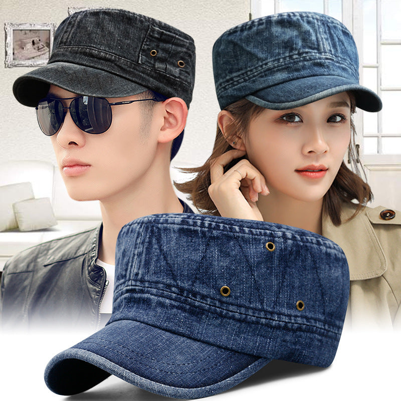 Hat Men's Korean Style Washed Distressed Denim Breathable Military Cap Outdoor Sunshade Flat Cap Women's Casual Cap