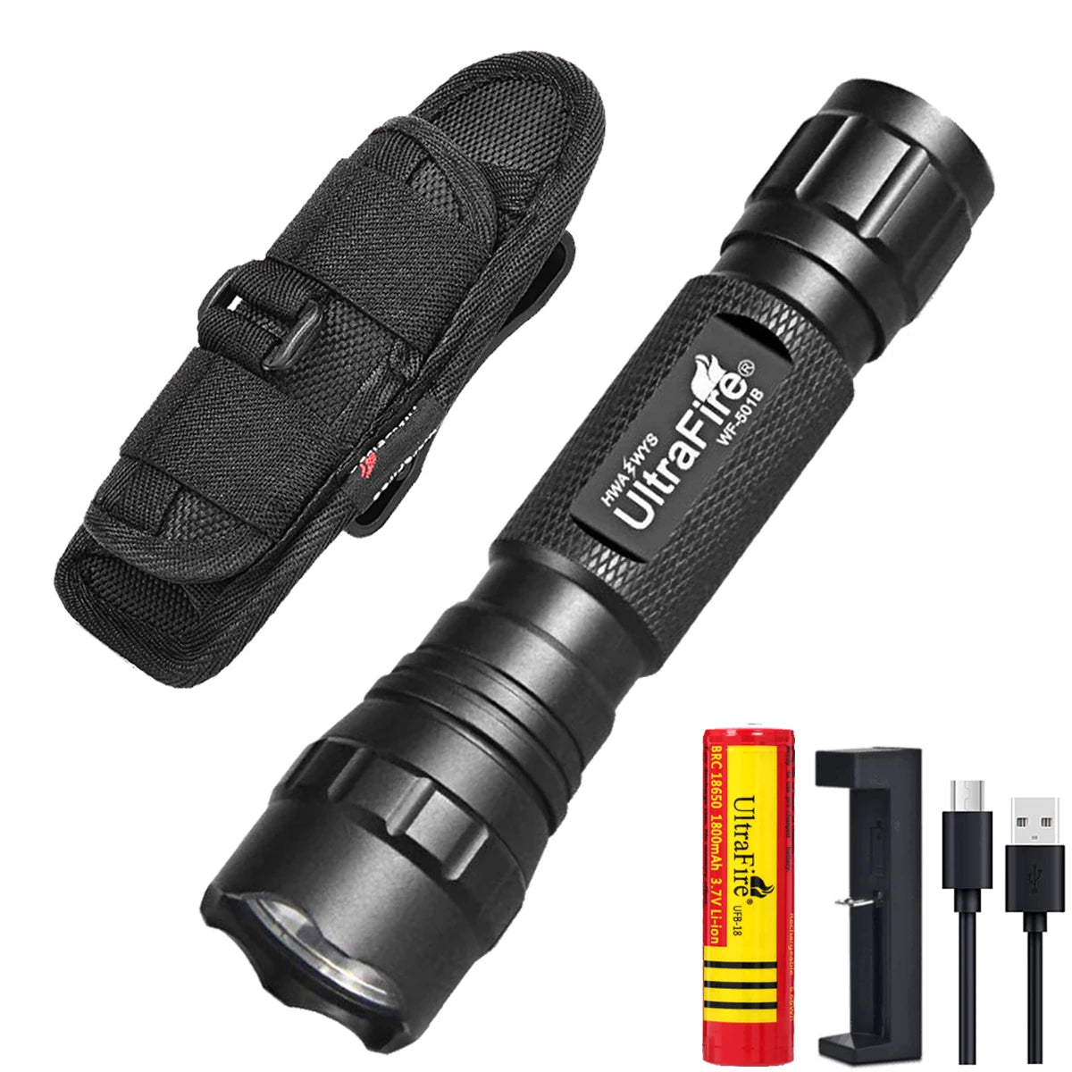 UltraFire WF-501B LED Tactical Police Flashlight 1200LM Military Torch with Duty Belt Holster Rechargeable Battery and Charger