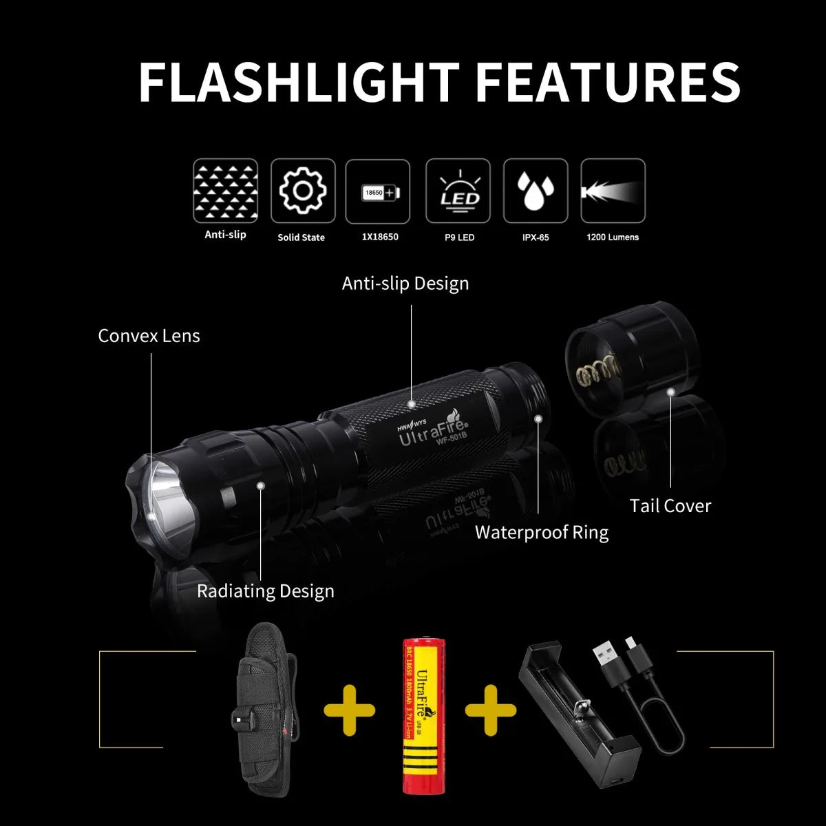 UltraFire WF-501B LED Tactical Police Flashlight 1200LM Military Torch with Duty Belt Holster Rechargeable Battery and Charger