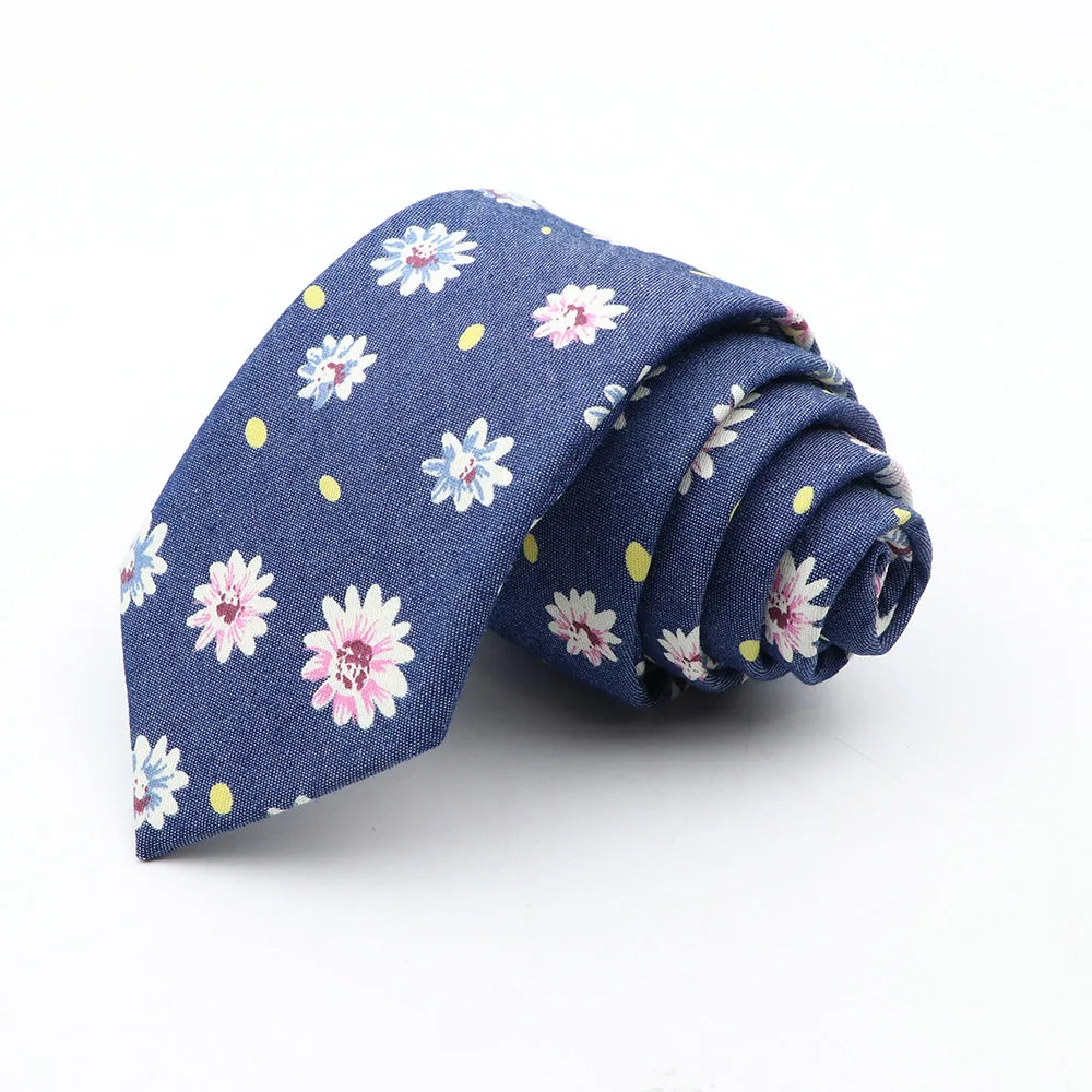 New Ties For Men Skinny Denim Blue Floral Leaf Print Neck Tie For Wedding Business Casual Neckties Suits Slim Neck Ties Gravatas