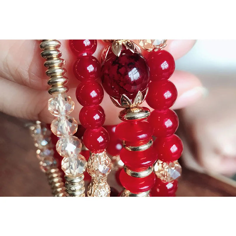 Bohemian 4pcs Crystal Multi-layer Beaded Bracelet for Women Sweet Girls Colorful Round Shape Jewelry Friendship Wholesale Gifts