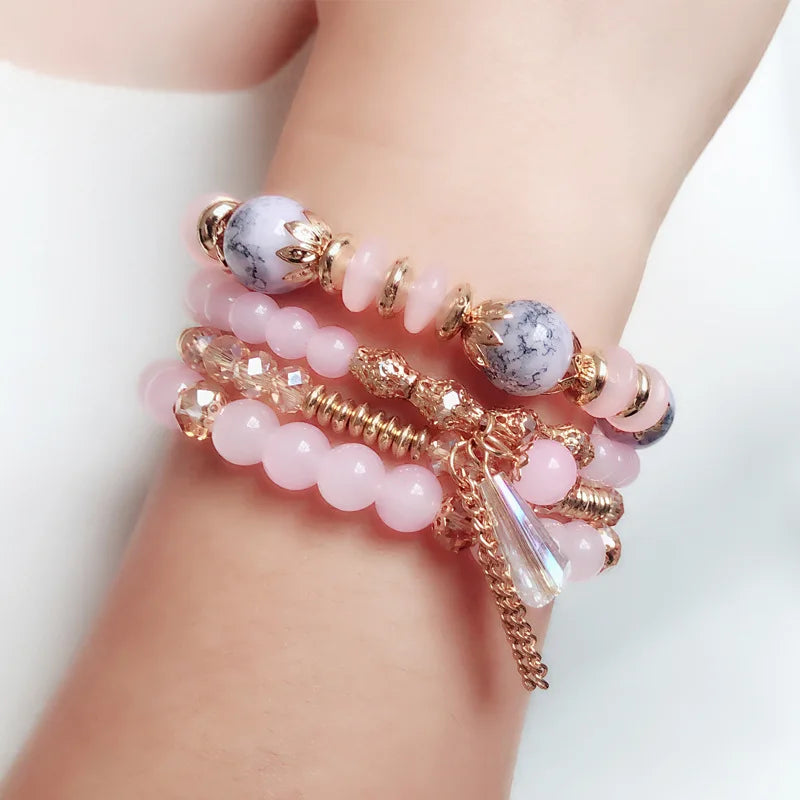 Bohemian 4pcs Crystal Multi-layer Beaded Bracelet for Women Sweet Girls Colorful Round Shape Jewelry Friendship Wholesale Gifts