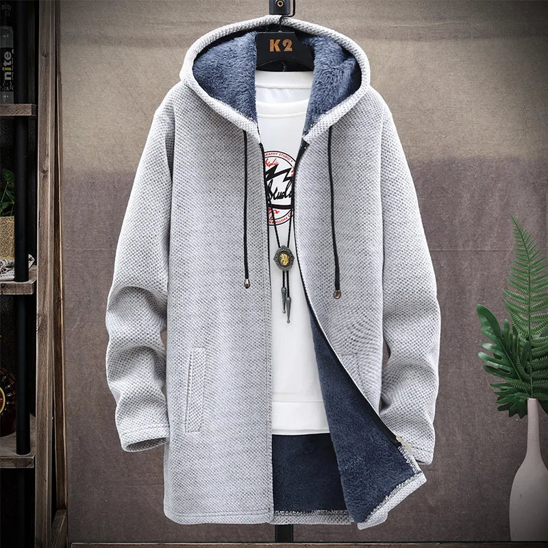 Mens Long Knit Cardigan Autumn Winter Sweater Coat Fleece Heavy Hooded Trench Coat Solid Chenille Men's Fashion Jacket