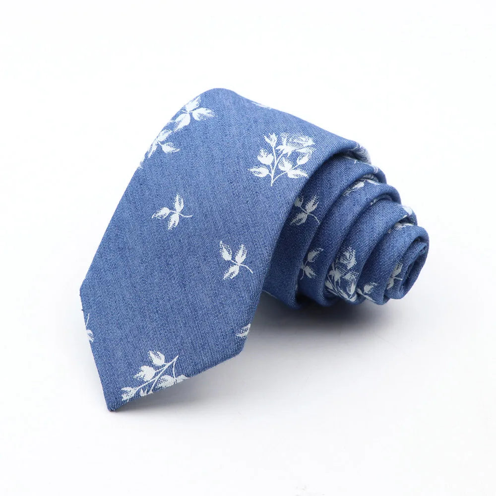 New Ties For Men Skinny Denim Blue Floral Leaf Print Neck Tie For Wedding Business Casual Neckties Suits Slim Neck Ties Gravatas