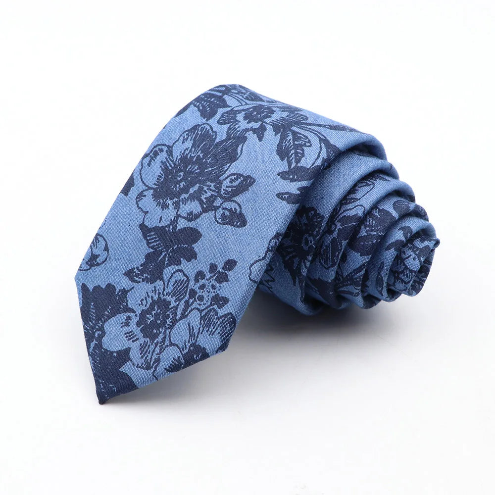 New Ties For Men Skinny Denim Blue Floral Leaf Print Neck Tie For Wedding Business Casual Neckties Suits Slim Neck Ties Gravatas