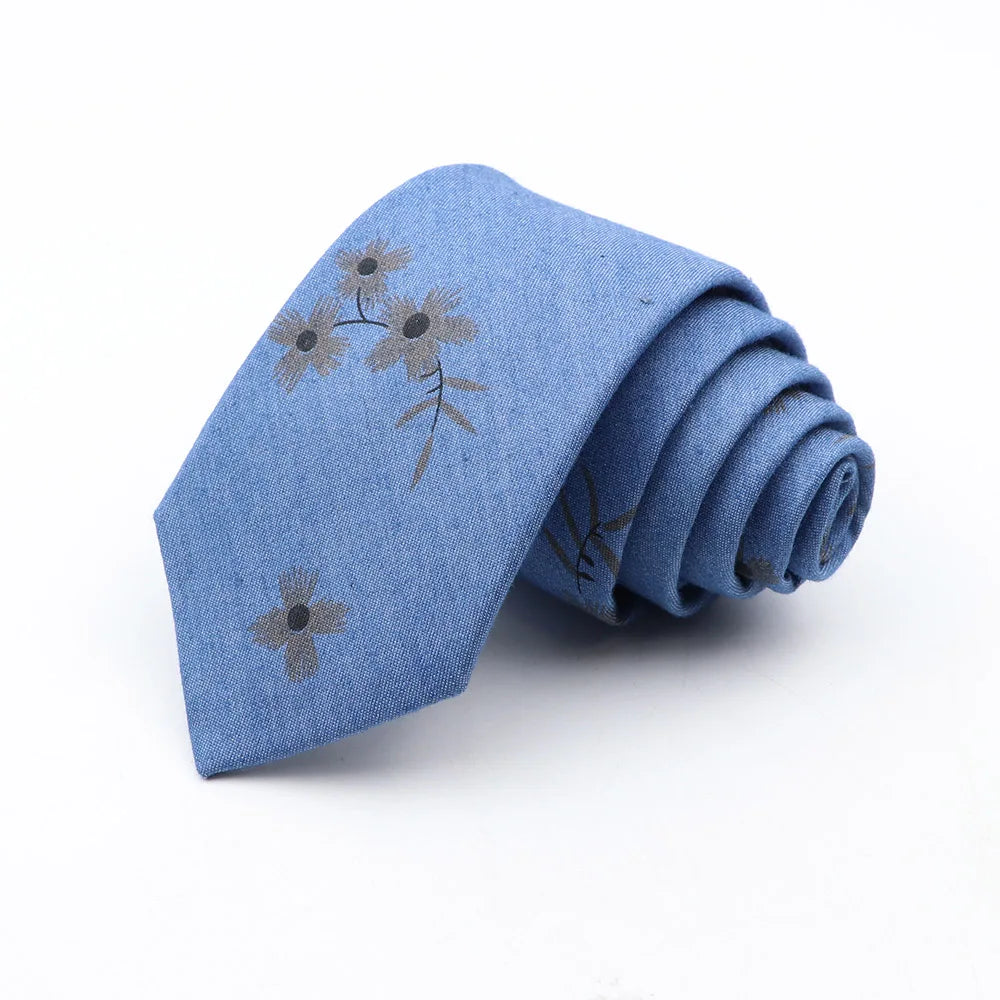 New Ties For Men Skinny Denim Blue Floral Leaf Print Neck Tie For Wedding Business Casual Neckties Suits Slim Neck Ties Gravatas