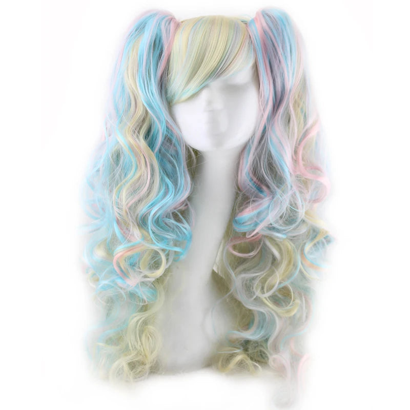Long Synthetic Hair Wig with Bangs Cosplay Wavy Costume for Women Two Claw Clip Ponytail Available in Pink Red Blue Black White