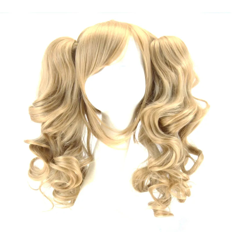 Long Synthetic Hair Wig with Bangs Cosplay Wavy Costume for Women Two Claw Clip Ponytail Available in Pink Red Blue Black White