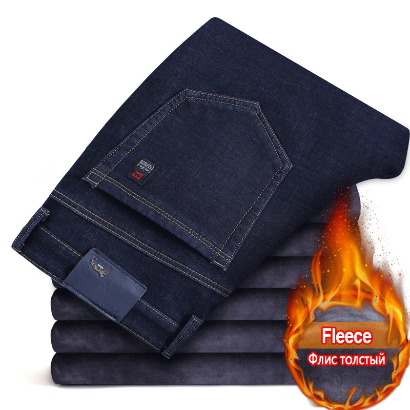 2023 Winter New Men's Warm Slim Fit Jeans Business Fashion Thicken Denim Trousers Fleece Stretch Brand Pants Black Blue