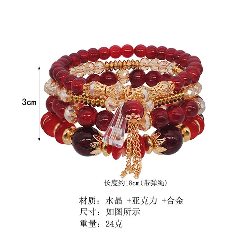 Bohemian 4pcs Crystal Multi-layer Beaded Bracelet for Women Sweet Girls Colorful Round Shape Jewelry Friendship Wholesale Gifts