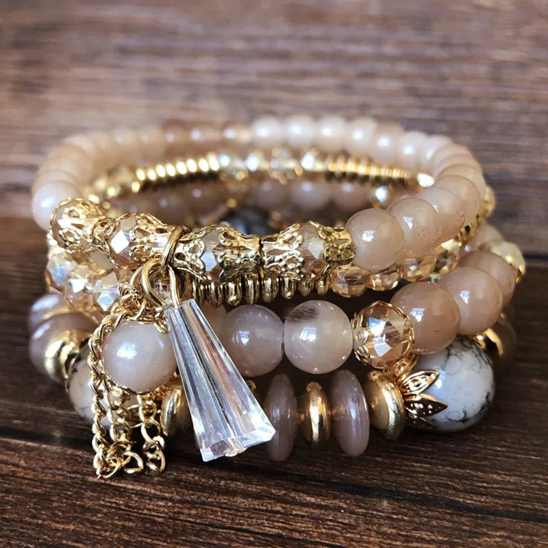 Bohemian 4pcs Crystal Multi-layer Beaded Bracelet for Women Sweet Girls Colorful Round Shape Jewelry Friendship Wholesale Gifts
