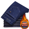 2023 Winter New Men's Warm Slim Fit Jeans Business Fashion Thicken Denim Trousers Fleece Stretch Brand Pants Black Blue