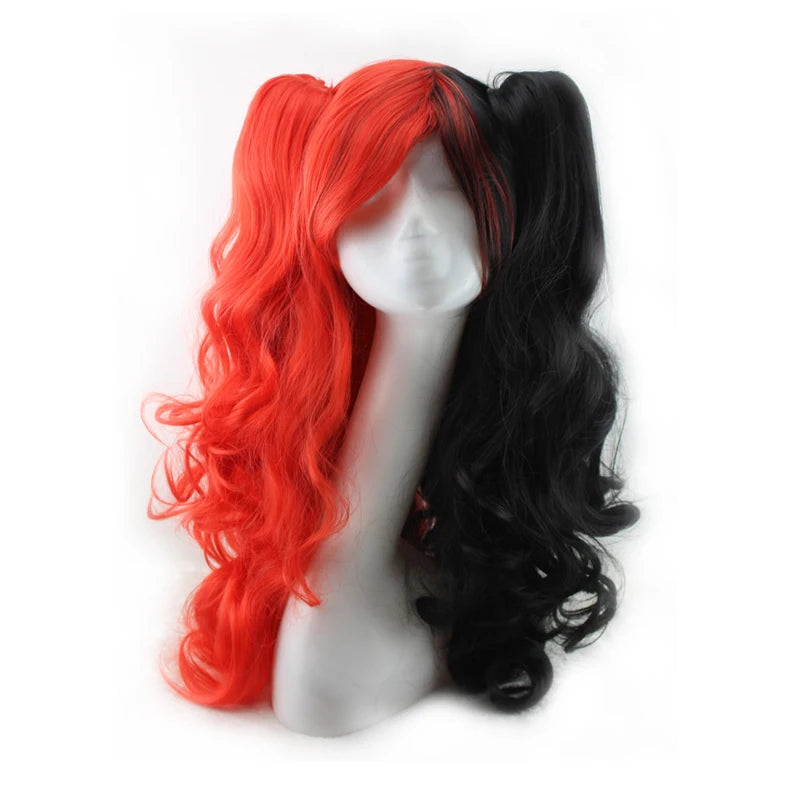 Long Synthetic Hair Wig with Bangs Cosplay Wavy Costume for Women Two Claw Clip Ponytail Available in Pink Red Blue Black White