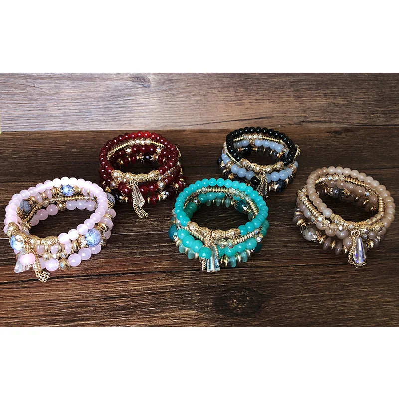 Bohemian 4pcs Crystal Multi-layer Beaded Bracelet for Women Sweet Girls Colorful Round Shape Jewelry Friendship Wholesale Gifts