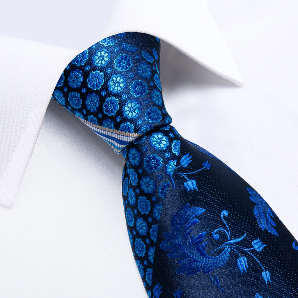 Men's Tie Handkerchief Cuffink Necktie Set Jacquard Woven Silk Blue Wedding Formal Business Party Necktie Ring Set DiBanGu