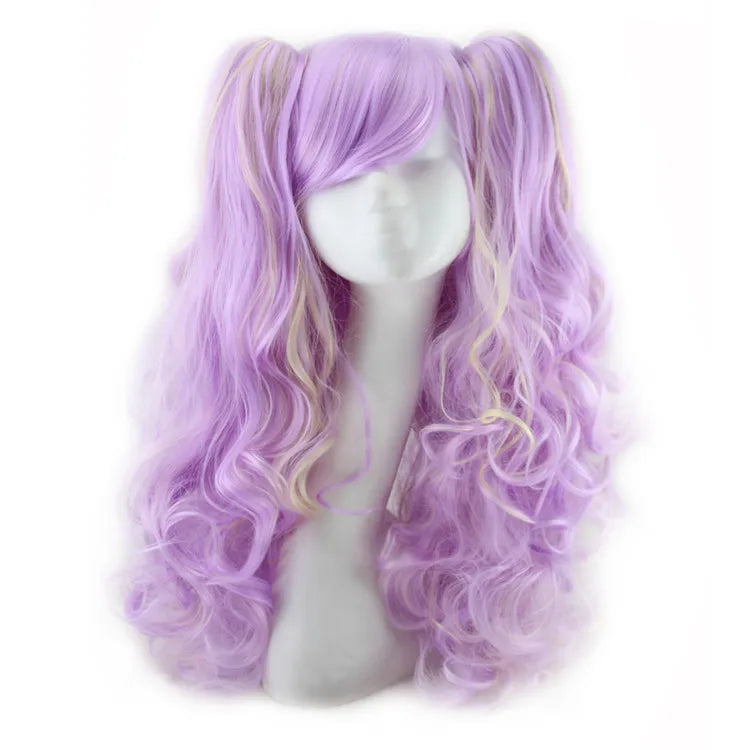 Long Synthetic Hair Wig with Bangs Cosplay Wavy Costume for Women Two Claw Clip Ponytail Available in Pink Red Blue Black White
