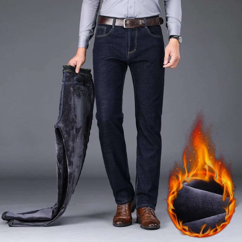 2023 Winter New Men's Warm Slim Fit Jeans Business Fashion Thicken Denim Trousers Fleece Stretch Brand Pants Black Blue