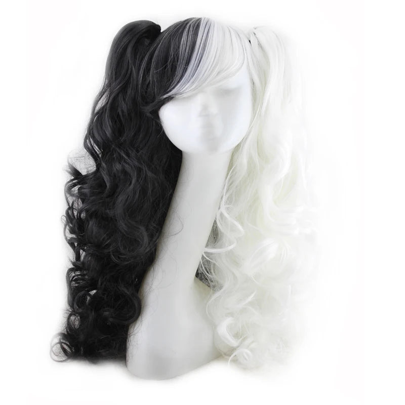 Long Synthetic Hair Wig with Bangs Cosplay Wavy Costume for Women Two Claw Clip Ponytail Available in Pink Red Blue Black White