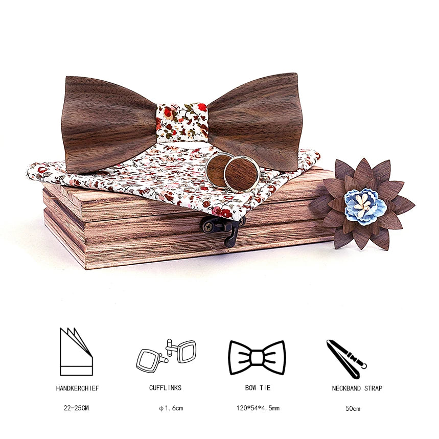 3d Wooden Bow Ties for Men men's tie Wood Bowtie Handmade Butterfly Black Walnut Wood Bow Tie Gravata gift Cufflink handkerchief