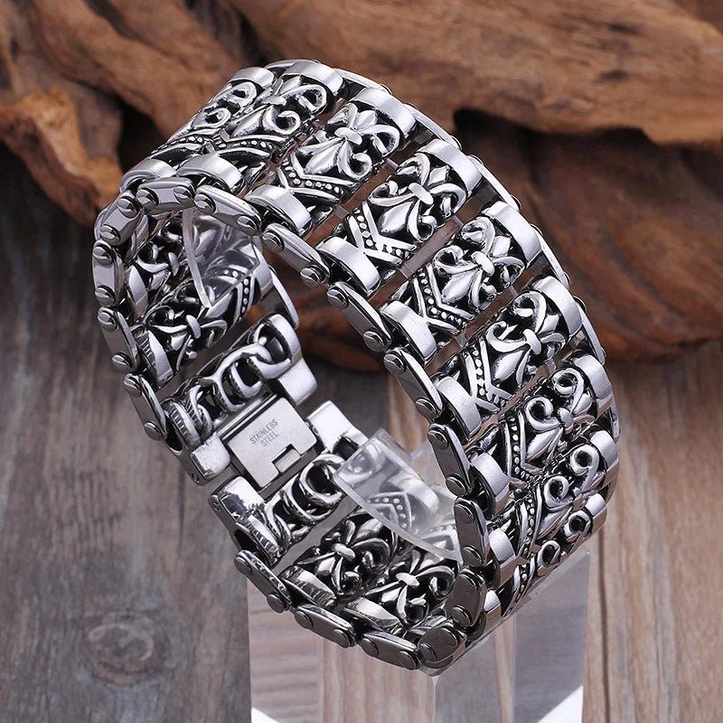 Bracelets For Men's Boy's Fashion Chain Jewelry, 316L Stainless Steel Rock Punk Motorbiker cross flower Bracelet and Bangle