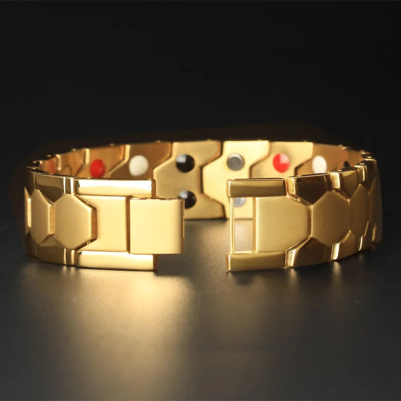 18MM Wide 4 In 1 Magnetic Therapy Bracelet For Man Pain Relief Indian Male Jewelry Gold Color Stainless Steel Men's Bracelets