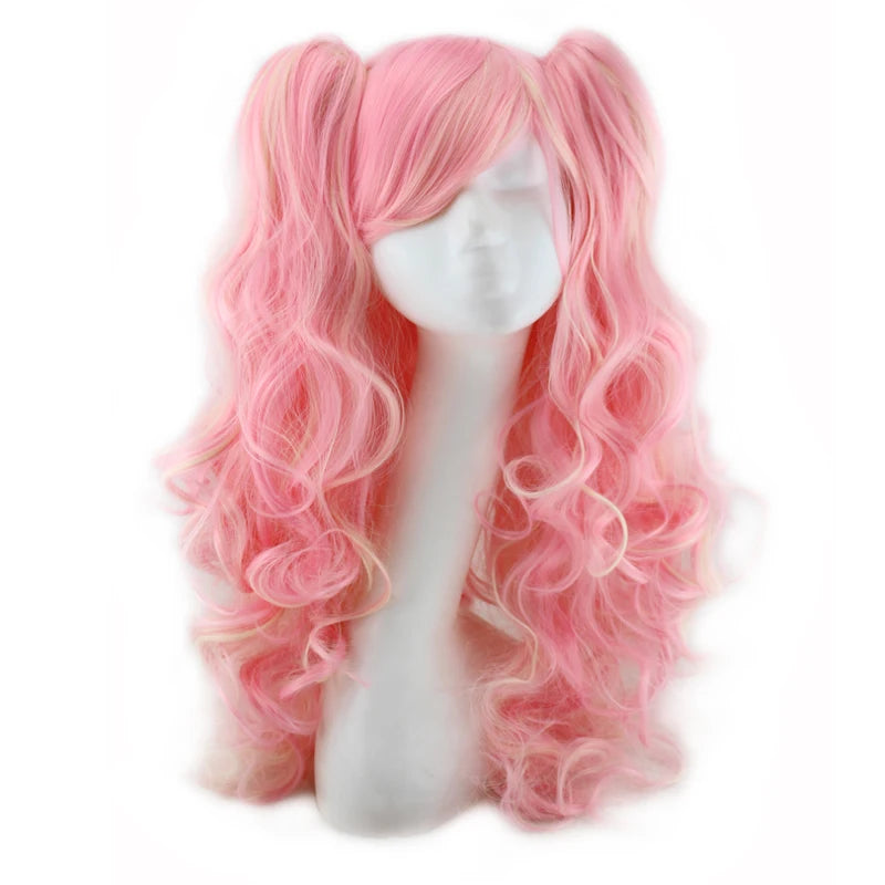 Long Synthetic Hair Wig with Bangs Cosplay Wavy Costume for Women Two Claw Clip Ponytail Available in Pink Red Blue Black White