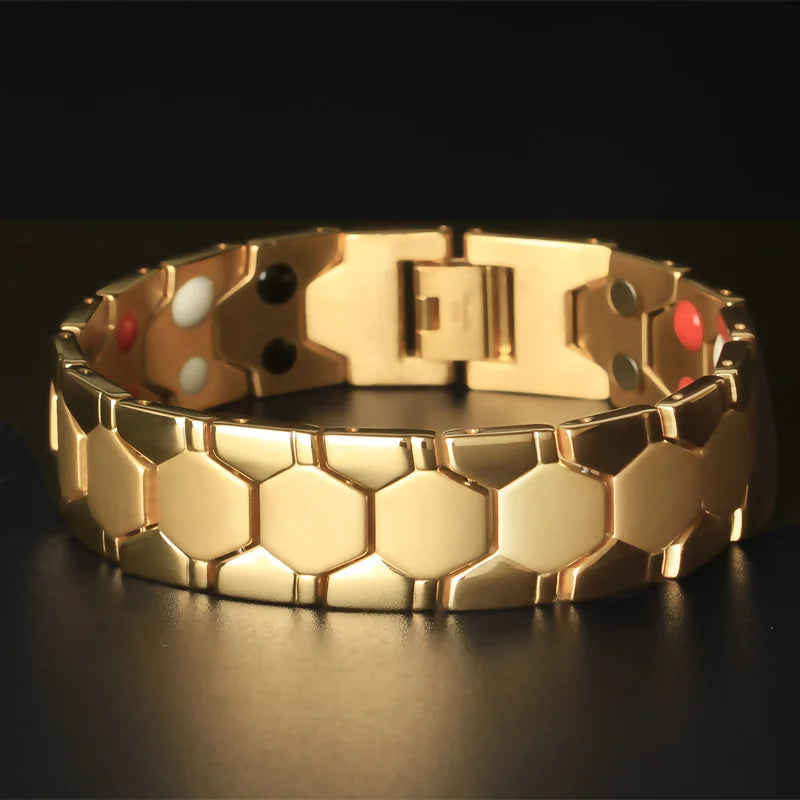 18MM Wide 4 In 1 Magnetic Therapy Bracelet For Man Pain Relief Indian Male Jewelry Gold Color Stainless Steel Men's Bracelets