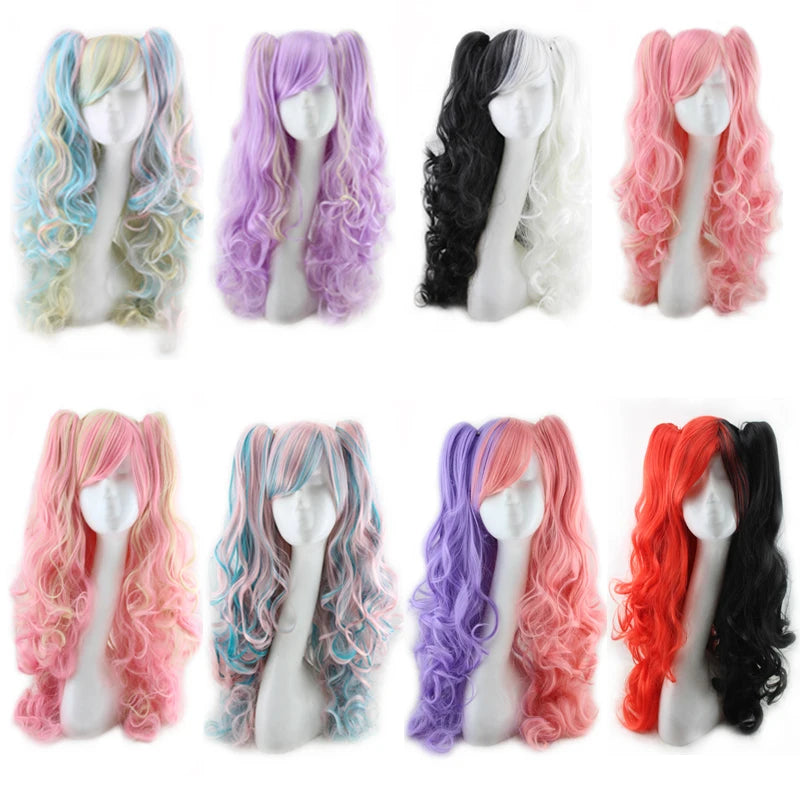 Long Synthetic Hair Wig with Bangs Cosplay Wavy Costume for Women Two Claw Clip Ponytail Available in Pink Red Blue Black White