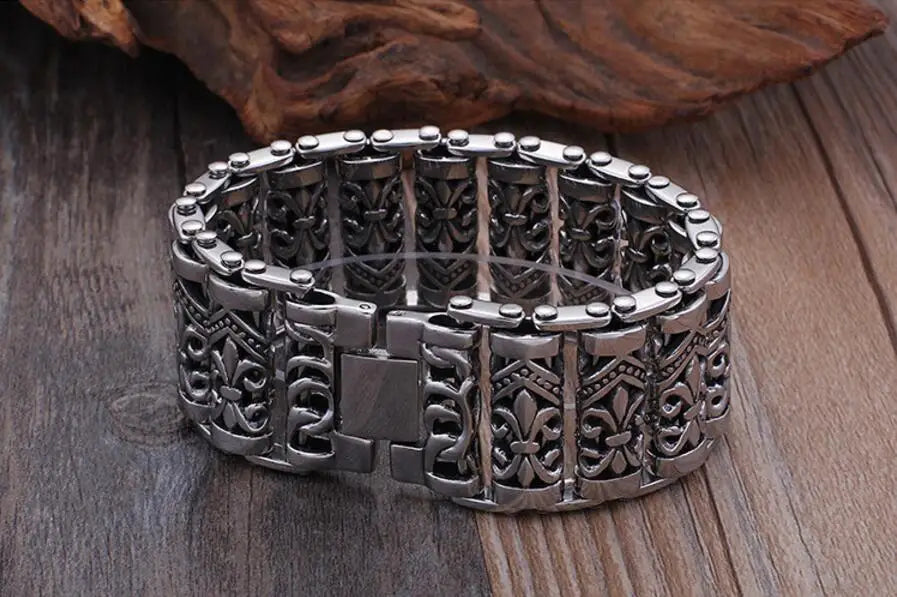Bracelets For Men's Boy's Fashion Chain Jewelry, 316L Stainless Steel Rock Punk Motorbiker cross flower Bracelet and Bangle