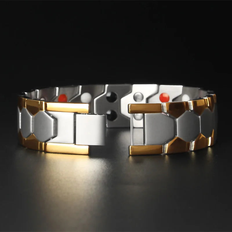 18MM Wide 4 In 1 Magnetic Therapy Bracelet For Man Pain Relief Indian Male Jewelry Gold Color Stainless Steel Men's Bracelets