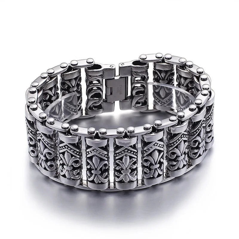 Bracelets For Men's Boy's Fashion Chain Jewelry, 316L Stainless Steel Rock Punk Motorbiker cross flower Bracelet and Bangle