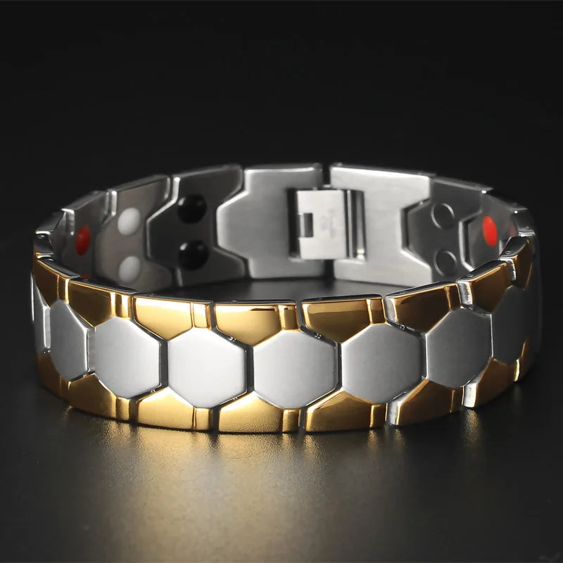 18MM Wide 4 In 1 Magnetic Therapy Bracelet For Man Pain Relief Indian Male Jewelry Gold Color Stainless Steel Men's Bracelets