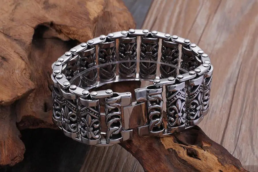 Bracelets For Men's Boy's Fashion Chain Jewelry, 316L Stainless Steel Rock Punk Motorbiker cross flower Bracelet and Bangle