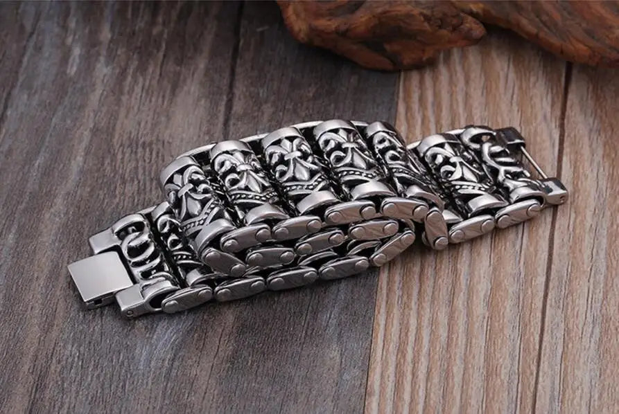 Bracelets For Men's Boy's Fashion Chain Jewelry, 316L Stainless Steel Rock Punk Motorbiker cross flower Bracelet and Bangle