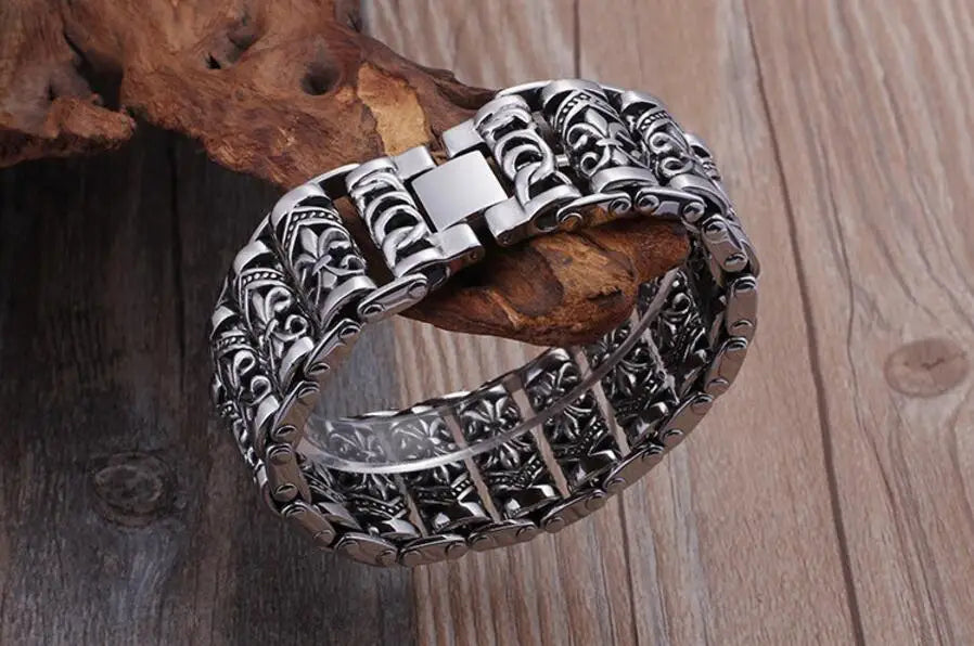Bracelets For Men's Boy's Fashion Chain Jewelry, 316L Stainless Steel Rock Punk Motorbiker cross flower Bracelet and Bangle