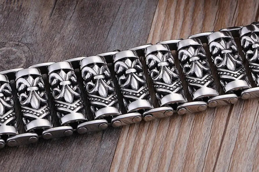 Bracelets For Men's Boy's Fashion Chain Jewelry, 316L Stainless Steel Rock Punk Motorbiker cross flower Bracelet and Bangle