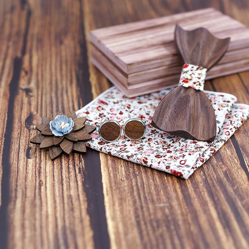 3d Wooden Bow Ties for Men men's tie Wood Bowtie Handmade Butterfly Black Walnut Wood Bow Tie Gravata gift Cufflink handkerchief
